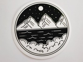 Round Sticker Decal Mountains With Water at Night Black and White Sticke... - $2.22