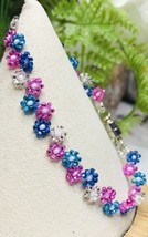 Pink Blue Czech Beaded Bracelet Daisy Thin Dainty Floral Flower Bling Glam NEW - £14.86 GBP