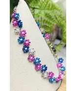 Pink Blue Czech Beaded Bracelet Daisy Thin Dainty Floral Flower Bling Gl... - £14.54 GBP