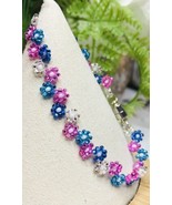 Pink Blue Czech Beaded Bracelet Daisy Thin Dainty Floral Flower Bling Gl... - $18.62