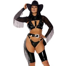Black Cowgirl Costume Fringe Chaps Bolero Top Wet Look Bikini Western Set 552932 - £49.36 GBP