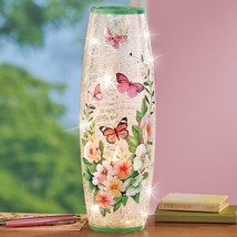 LED Lighted Butterfly Floral Crackled Glass Hurricane Lit Table Lamp Home Decor - £27.25 GBP