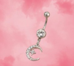 Moon And Stars Belly Bar / Belly Ring - Body Piercing - Silver cubic zir... - £8.55 GBP
