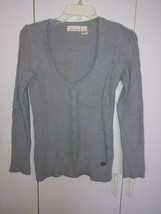 Dkny Ladies Gray Ls Low V-NECK SWEATER-M-COTTON/ACRYLIC-BARELY WORN-WIDE Ribbing - £11.05 GBP