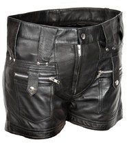 Women&#39;s Black Leather Shorts with Zipper Pockets Women Leather Gym Summer Pants - £108.96 GBP+