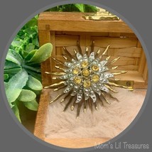 Silver Gold Tone Starburst Flower Pin Brooch Yellow Rhinestone • Vintage... - $19.60