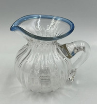 Vintage Hand Blown Glass Creamer Small Clear With Blue Rim - $27.99