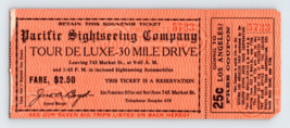 1920s Ticket Pacific Sightseeing Company San Francisco 30 Mile Tour De Luxe  K13 - $28.66