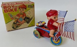 Vintage 1950&#39;s (Elvin, Japan) Tin &amp; Celluloid Wind-up Toy BOY ON BIKE w/ Flags - £75.93 GBP