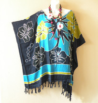 KB226 Blue Batik Floral Plus Poncho Caftan Hippie Tunic Blouse Top up to 5X - $24.90
