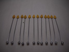 Set Of 12 Metal Skewers Screw On Ends Layered Ball Yellow Plastic Carved Leaf - £32.48 GBP