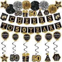 50Th Birthday Decorations For Men - (21Pack) Cheers To 50 Years Black Gold Glitt - £25.57 GBP