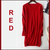 Ladies Soft Mink Cashmere Long Sleeve Red V-Neck Mini Sweater Shirt Dress