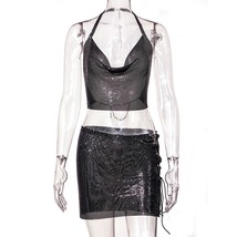   Sequins Set Sparkly Deep V Backless Crop Top Side Slit age Mini Skirt Suit Par - £88.21 GBP