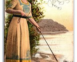Romance Woman Walking Dog Going Out with The Tied DB Postcard V1 - $3.91
