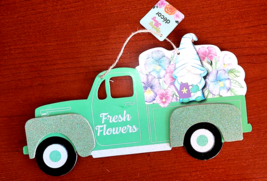 Fresh Flowers Green Truck Door Hanger Glitter Sign Spring Gnome 13.5&quot; X 7.5&quot; - £9.44 GBP
