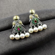 Double Ton Véritable 925 Argent Pendantes Émeraude Perle Jhumka Boucles pour - £58.85 GBP