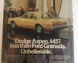 Dodge Aspen Print Ad Advertisement 1970s Vintage pa9 - £5.52 GBP