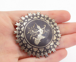 SIAM 925 Sterling Silver - Vintage Niello Dancer Round Brooch Pin - BP2462 - £46.32 GBP