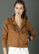 Women&#39;s Brown Suede Leather Fringed Biker Gold Studded Slim Fit Cropped Jacket - £125.33 GBP