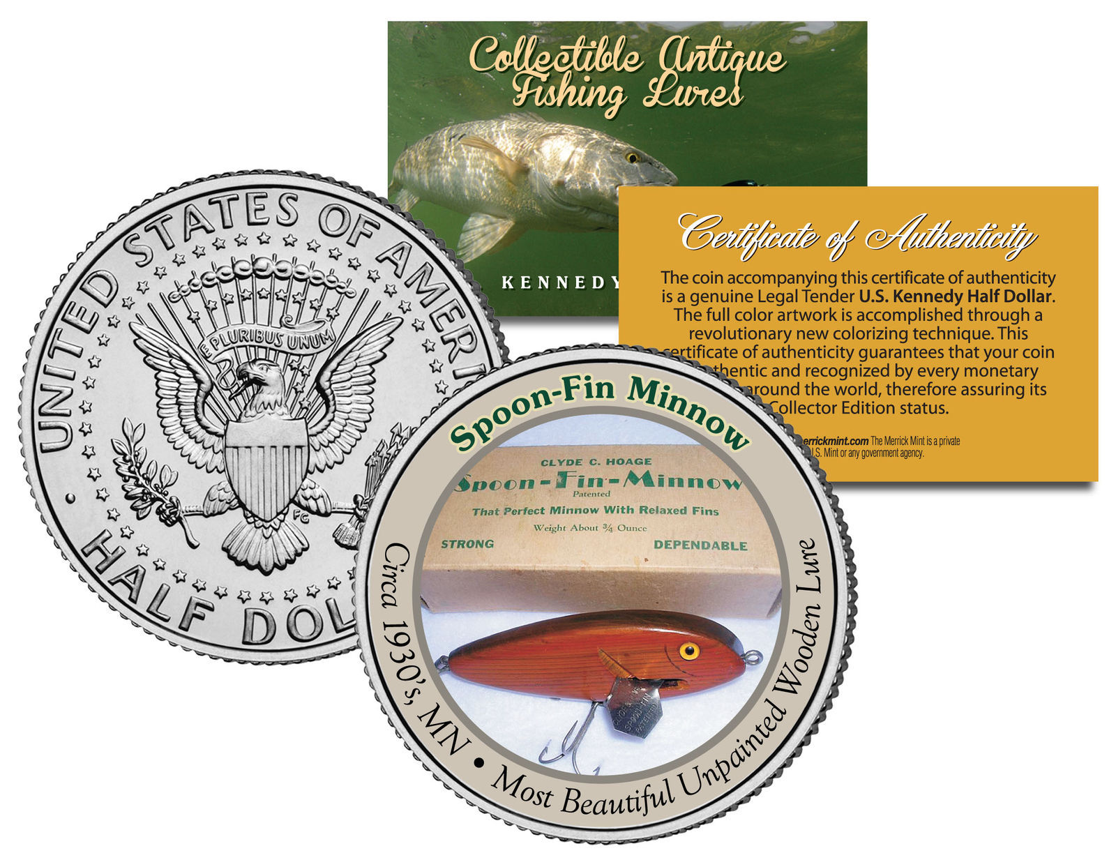 SPOON-FIN MINNOW *Collectible Antique Fishing Lures* JFK Half Dollar US ... - $12.16