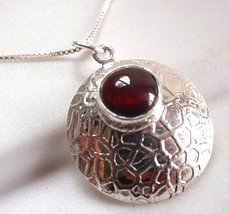 Garnet Round Convex Necklace 925 Sterling Silver Webbed Design Accents New - £11.46 GBP