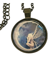 Fairy On Moon Necklace Pendant Tibet Silver Glass Jewelry Chain Just So ... - $9.92