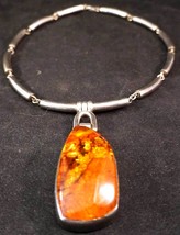 Heavy Sterling Silver Tube Bead and Large Amber Pendant Necklace - £397.96 GBP