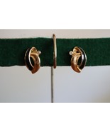 Vintage Gold Tone Black Earrings Pierced Swirl Modern Elegant Rhinestone - $221.25 MXN