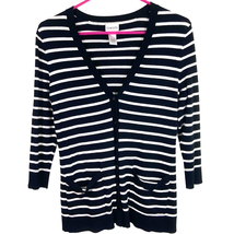 Chicos 0 Cardigan Womens S Stripe V Neck Stretch Button Front Pocket 3/4 Sleeve - £10.79 GBP