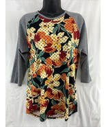 LuLaRoe Womens M Black/Orange/Gray Floral/Triangles Randy Raglan Top ¾ S... - $13.29