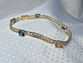 Vtg 14K Yellow Gold Citrine Topaz &amp; Amethyst Link Bracelet 7.11g Jewelry 7&quot; Long - £439.60 GBP