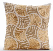 Zardozi Embroidery 16&quot;x16&quot; Linen Gold Throw Pillows Cover, Gold Ginko Leaves - £38.47 GBP+