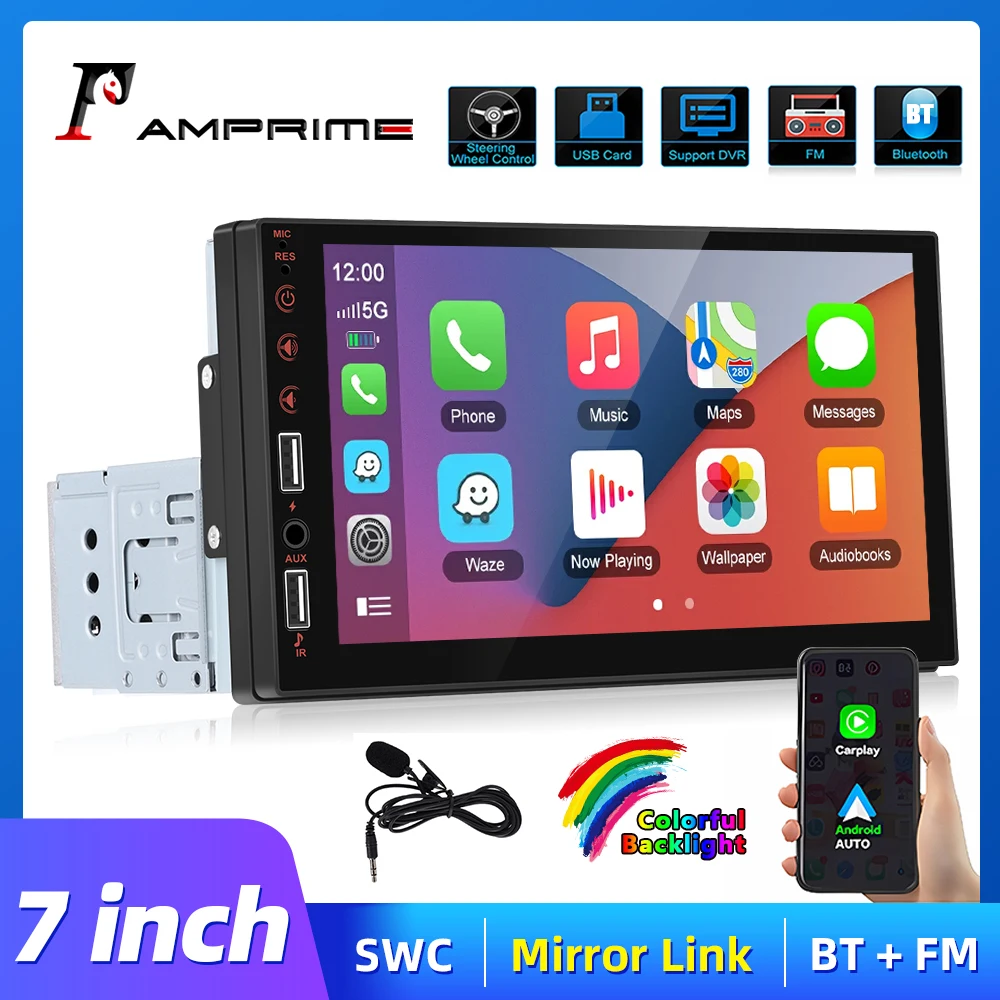 AMPrime 7&quot; Car Radio 1 Din Multimedia Player Wireless Carplay Android auto Audio - £46.12 GBP+