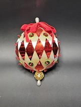 Vintage Handmade Satin Ball Push Pin Red Diamond Sequin Art Christmas Ornament - $18.80