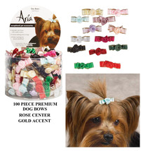 100pc Premium Dog Grooming Tiny Rose Floral Gold Accent Satin Ribbon Bows w/Band - £23.96 GBP