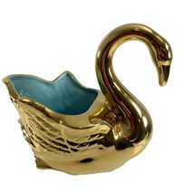 Vintage Fultons Mid Century Modern Swan Ceramic Gold Aqua Bowl Trinket Dish 8&quot; - £27.69 GBP