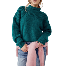 Free People Bradley Turtleneck Chunky Sweater, Blue/Green, Size Large, NWT - £71.09 GBP