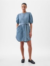 New Gap Women Cotton Mini Shirt Dress S Tall Linen Denim Belted Puff Sleeve - $39.99