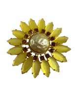 Sunflower Pin Brooch 2 3/4&quot; Bright Yellow White Rhinestones Gold Tone Flower - £9.41 GBP