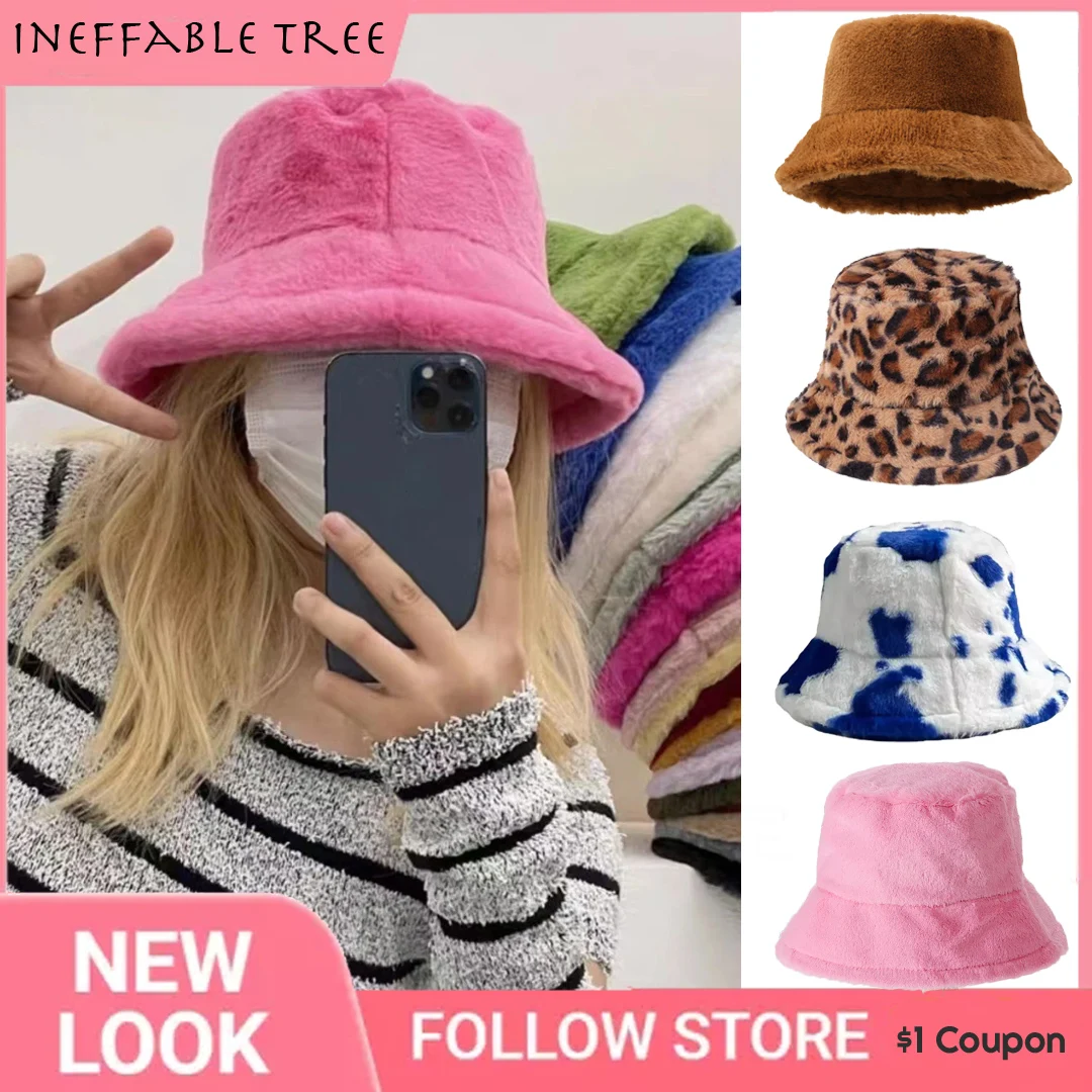 Y2K Winter Plush Bucket Hats for Women Outdoor Panama Cap Leopard Soft Faux Fur - £11.25 GBP+