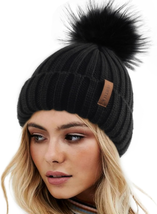 Womens Winter Knitted Beanie Hat with Faux Fur Pom Warm Knit Skull Cap - £20.66 GBP