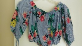 Derek Heart Juniors Blue Vertical Striped Tropical Floral Print top M        979 - £5.98 GBP