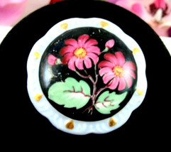 Pink Flowers On Black Brooch Vintage Pin Handmade Porcelain Bavaria Crest - £14.69 GBP