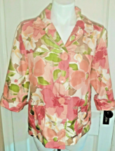 Sz 8 Coral Green Floral Jacket Southern Lady Print 3/4 Sleeve Button CLE... - £8.13 GBP