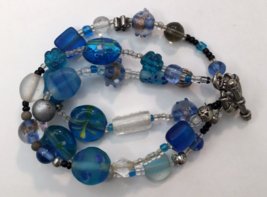 Art Glass Beaded Bracelet Blue Theme Silver Tone Toggle Closure Approx  7&quot; - $12.00