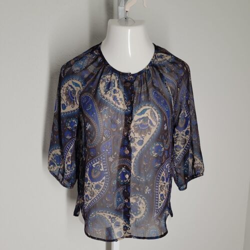 Primary image for Collective Concepts Button Up Sheer Blouse ~ Sz S ~ Short Sleeve ~ Blue Paisley