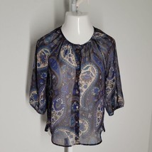 Collective Concepts Button Up Sheer Blouse ~ Sz S ~ Short Sleeve ~ Blue ... - £15.54 GBP