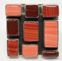 Coral Stone Inlaid Geometrical Square Ring Vintage Mexico Sterling Silver 8.5 - £136.11 GBP