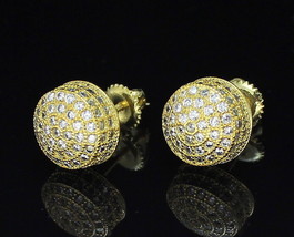Mens Round Domed CZ Studs 10mm 14k Gold Plated Screw On Earrings Hip Hop - £9.95 GBP